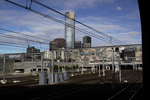 Looking back to Federation Square from under Exhibition Street