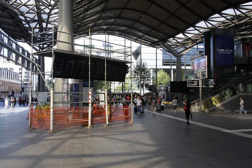 Six weeks after the storm hit, scaffolding in place to protect electronics from the weather