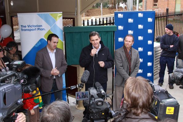 Public Transport Minister Martin Pakula, Premier John Brumby, and Member for Ballarat East Geoff Howard at the opening of Creswick station