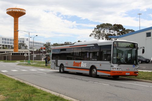 Bus stop for the 901 Smartbus at Melbourne Airport: Invicta bus #8901 rego 2248AO