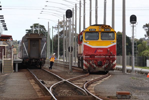 The shunter looks on during the run around at Marshall with N460 and a SN set