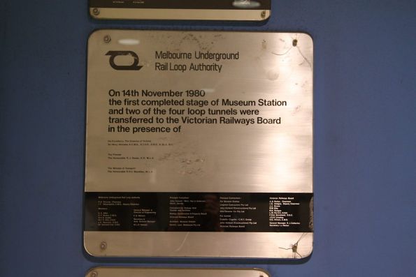 MURLA plaque marking the completion of Museum Station stage one and the first two loop tunnels, November 14 1980