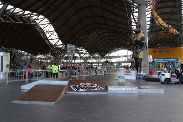 Skateboarding display blocking the main entrance to the station