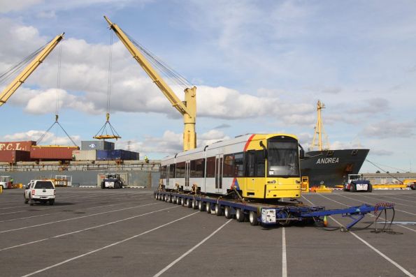 Flexity 113 on a low loader at Melbourne's Appleton Dock, awaiting the trip west to Adelaide