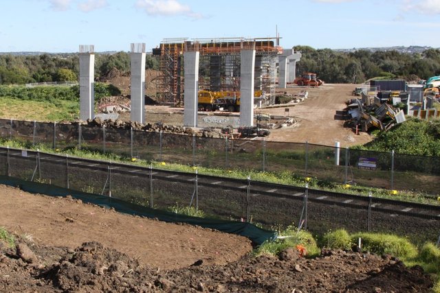 Piers well underway on the section of bridge between the Barwon River and the railway