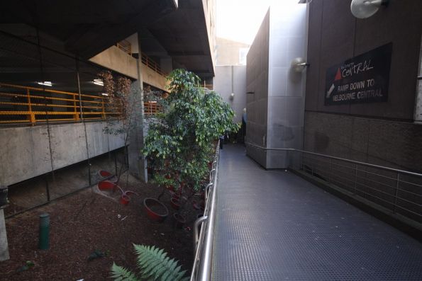 Ramp from ground level on La Trobe Street, leading to the upper level of the underground concourse at Melbourne Central station