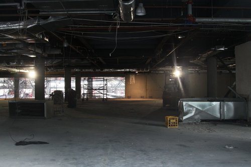 Inside the gutted mezzanine level food court at the Collins Street end