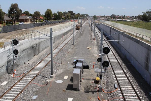 Up end of the platform at South Morang, under the Civic Drive overpass