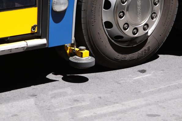 Detail of the guide wheel attached to the front wheels of every O-Bahn equipped bus