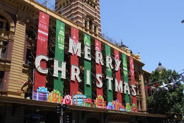 The massive 'Merry Christmas' sign at Flinders Street Station finally finished!