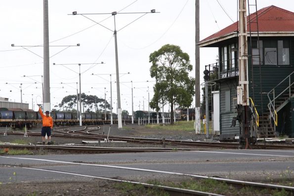 Signaller at North Geelong C ready to hand over the Train Staff for the Grain Loop