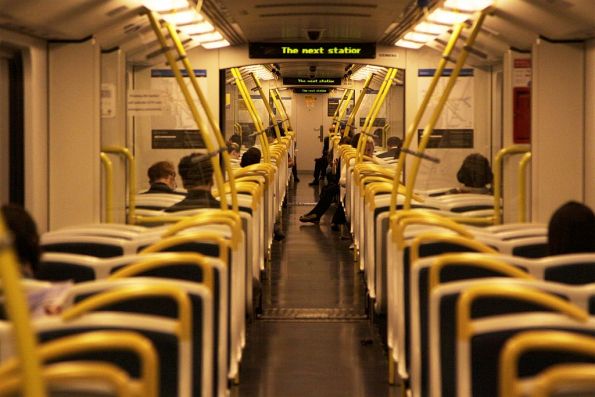 Looking down the aisle of a Siemens train