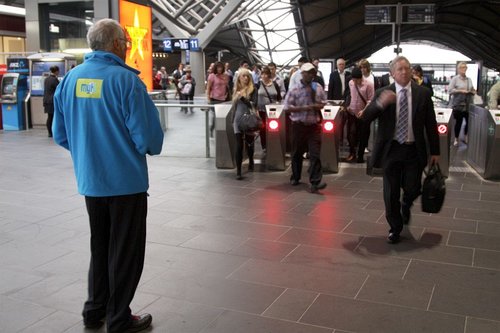 Myki Mates handing out brochures at Southern Cross