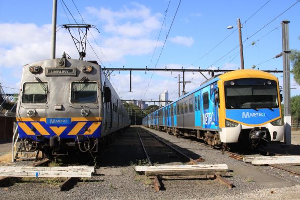 Hitachi 275M and Siemens 705M stabled for the weekend at North Melbourne Sidings