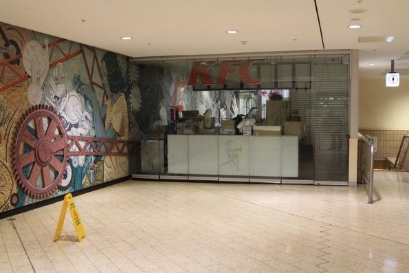 Abandoned KFC service window facing into the Elizabeth Street paid area at Melbourne Central Station