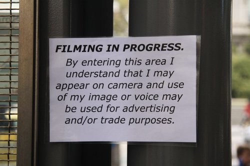 The second 'filming in progress' sign at the entrance to Southern Cross Station