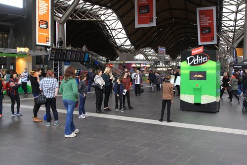 Fantastic 'Delites' promotional event clogging up the main entrance of Southern Cross Station