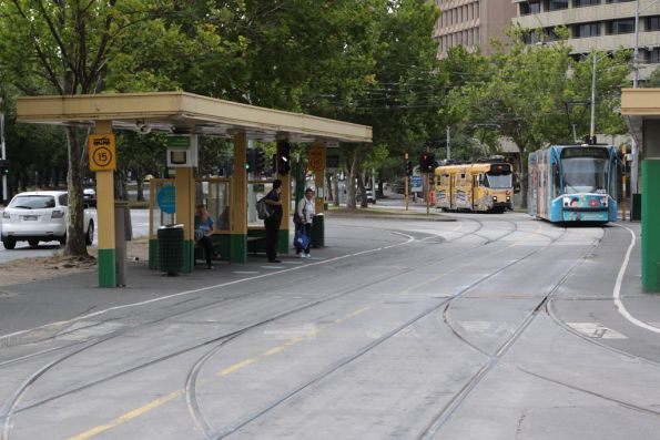 Northbound trams arrive at Domain Interchange