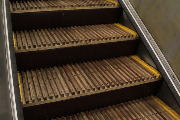 One of four sets of wooden tread escalators at Wynyard station