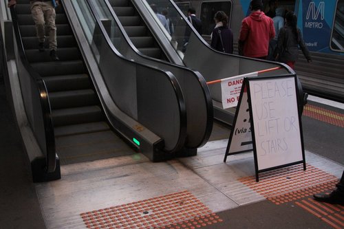 A few days on, the escalator at North Melbourne station platform 1 still broken