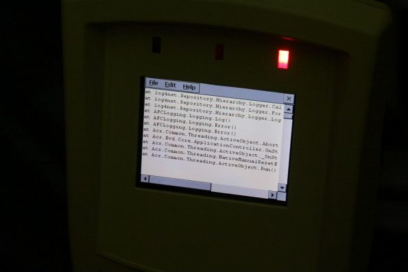 Stack trace displayed on a Myki reader onboard a tram