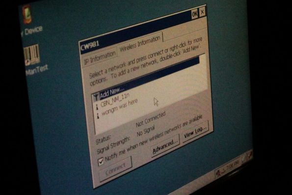 Wireless network called 'wongm was here' displayed on a Tram Driver Console