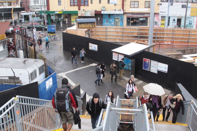 Temporary staircase linking the station footbridge to Irving Street