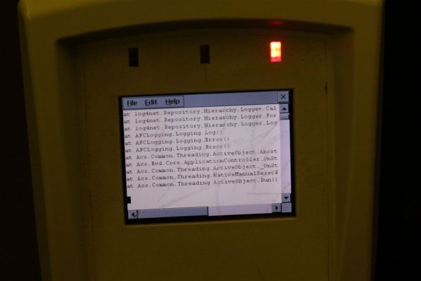 Stack trace from 'log4net' displayed on a Myki FPD