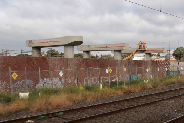 Piers and crossheads in place for the double track Werribee line flyover