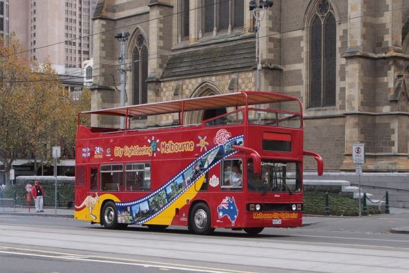 City Sightseeing Melbourne double decker outside Flinders Street Station, rego 9353AO