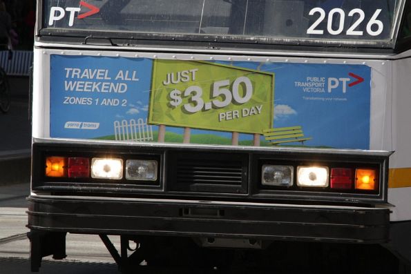 PTV advertising for '$3.50 weekend travel' on the front of a tram