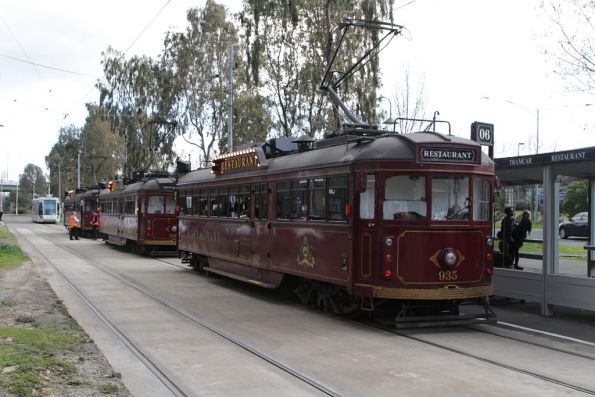 SW6.935 leads the trio of Colonial Tramcar Restaurant trams to arrive back at Whiteman Street