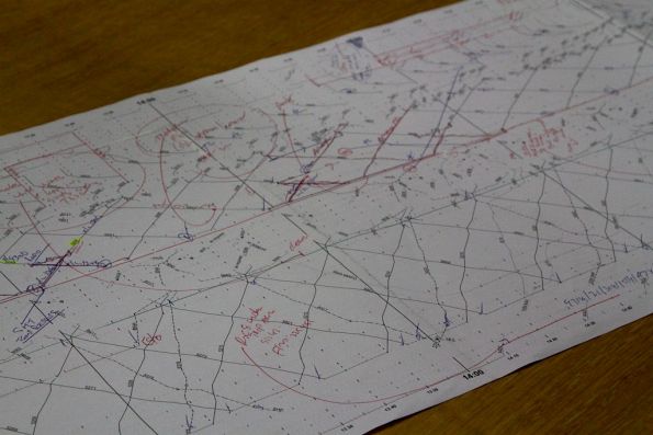 Close up detail of a Melbourne suburban line train graph, with ad-hoc alterations made by a Metrol train controller