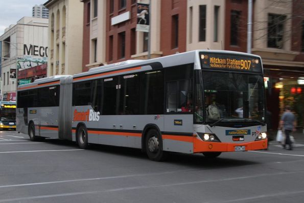 Transdev articulated bus #2001 8034AO eastbound at Lonsdale and Swanston Streets on route 907