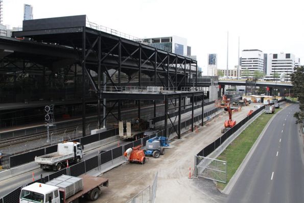 Temporary hoarding over the westernmost tracks, as well as Wurundjeri Way