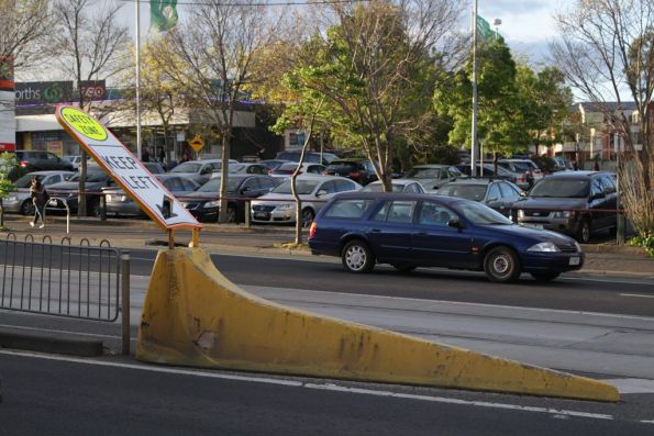 Damaged safety zone prow on Racecourse Road at Newmarket station