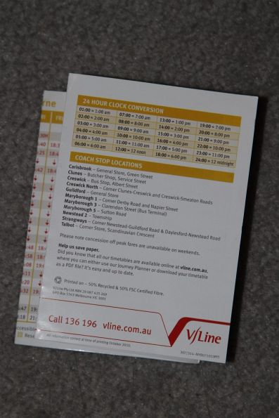 24 hour time conversion table on the rear of a V/Line pocket timetable