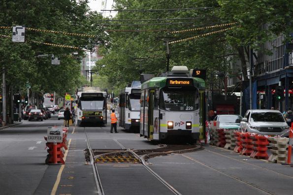 Z3.229 leads the trams waiting to shunt over the temporary crossover