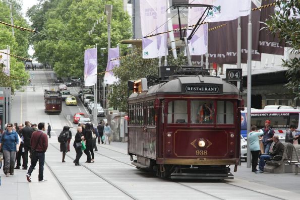 Pair of restaurant trams on the lunchtime run down the Bourke Street Mall, led by SW6.938 