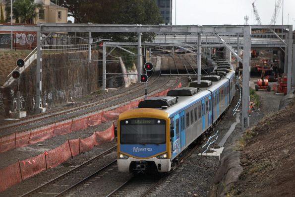 Siemens train with an up Sunbury train at Footscray