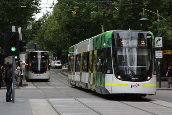 E.6001 and E.6002 cross paths at Bourke and Swanston Streets