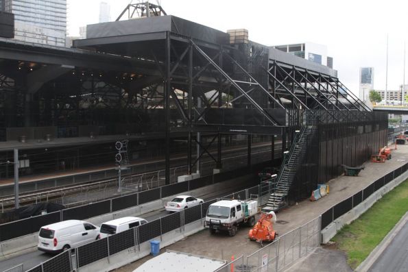 Steel gantry in place over the westernmost tracks, as well as Wurundjeri Way