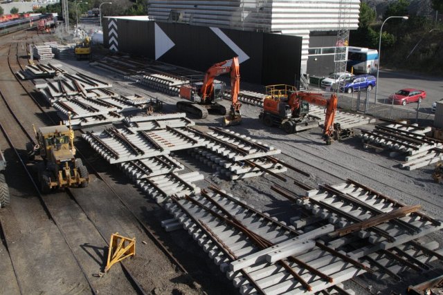 Collection of trackwork panels for the reconfigured entrance to Southern Cross awaiting installation 