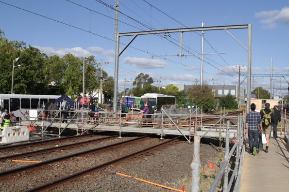 Temporary footbridge at the down end of Blackburn, leading to the bus interchange 