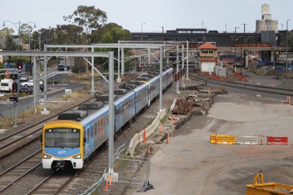 Siemens train on a down Sunbury service departs a rebuilt Sunshine station