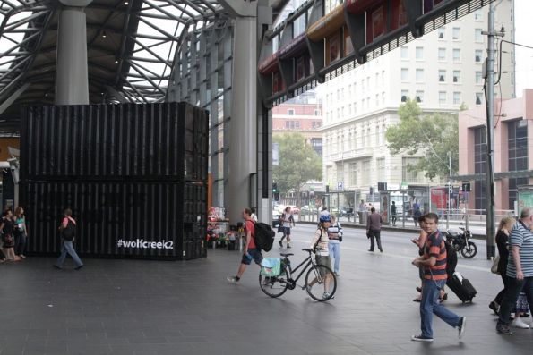 Shipping containers setup on the Collins Street concourse to promote the film 'Wolf Creek 2'