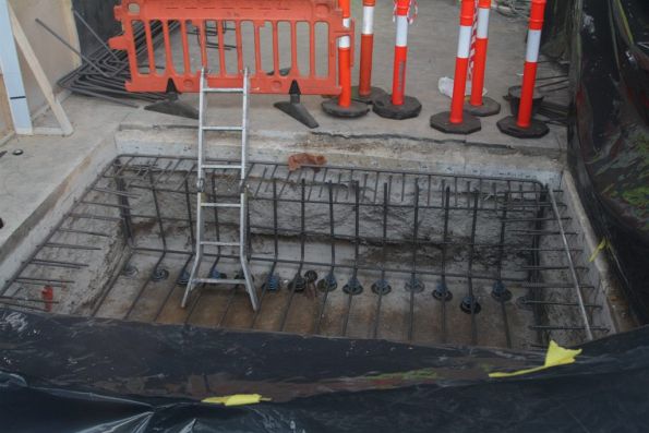 Massive cage of reinforcing bar being constructed on the Collins Street concourse