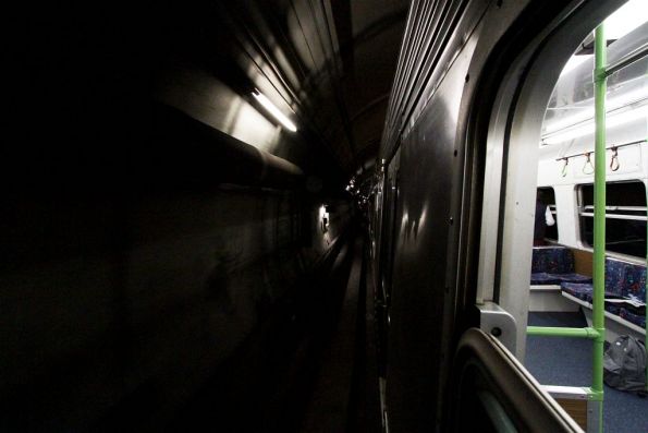 Looking out into the dark of the City Loop tunnels