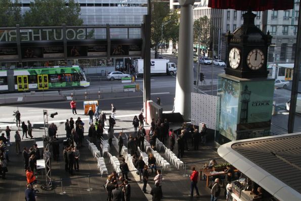 Seats in place at Southern Cross Station for today's official unveiling of the restored Water Tower Clock