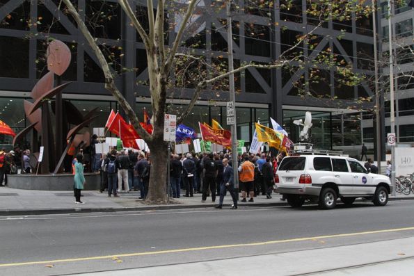 RTBU Tram and Bus Division protest outside the Yarra Trams head office at the corner of William and Bourke Streets